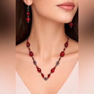 Red Faceted Bead Necklace & Matching Earrings Set | Rhinestone Detail |Statement